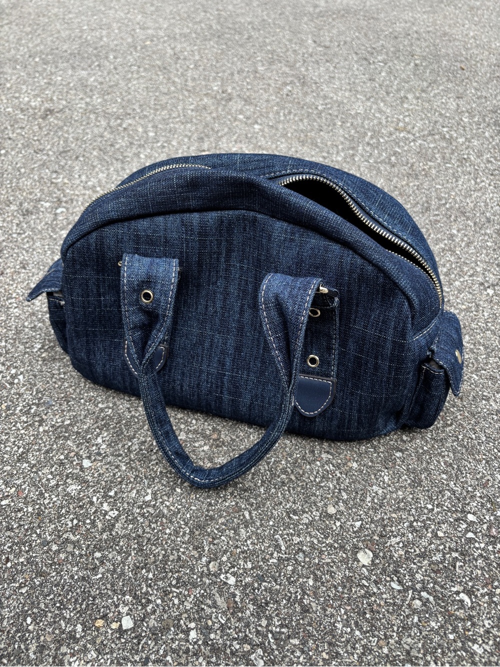 True Religion Dark Blue Denim Patchwork Purse Bag with Belt Straps - Picture 8 of 8